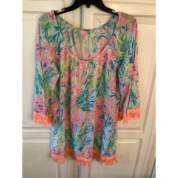 Lilly Pulitzer Cover Up Tunic Sz L Fan Sea Tropical Fringe - Picture 2 of 9